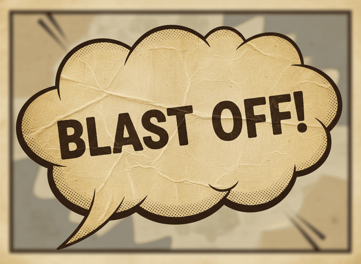 오래된 종이 질감, 세피아 톤, 굵은 세리프 글꼴이 특징인 복고풍 빈티지 말풍선 일러스트, 1950년대 만화책 스타일.