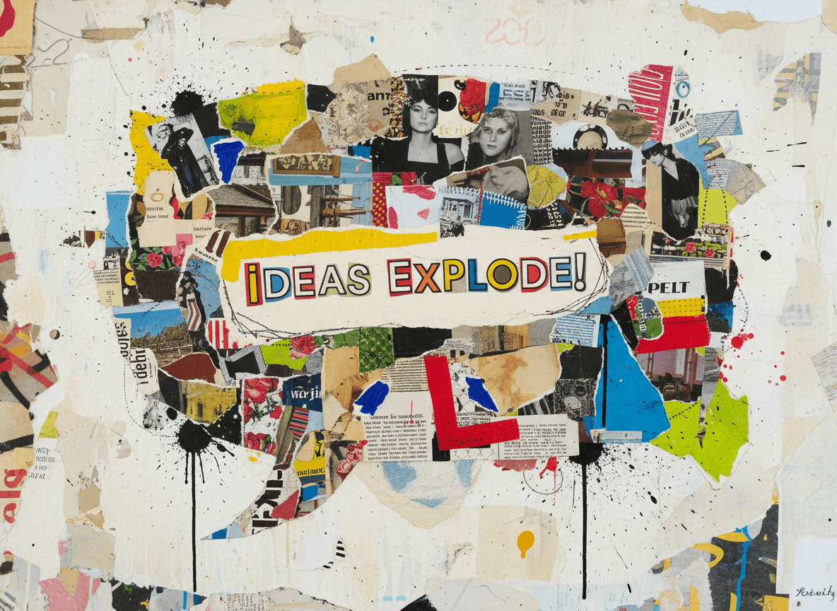 다양한 잡지 오려내기와 질감으로 만들어진 절충주의적인 콜라주 스타일 말풍선 일러스트.