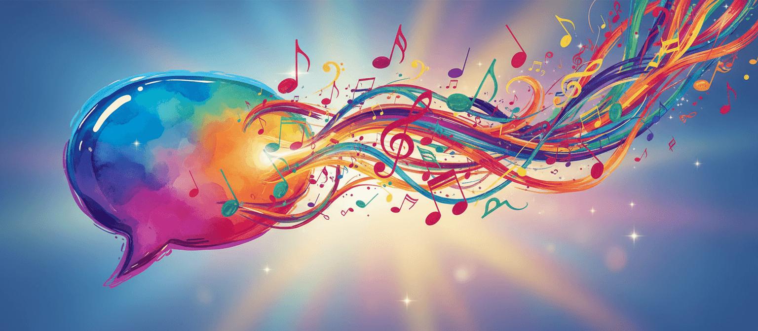 음악을 나타내는 악보가 흘러나오는 활기찬 말풍선 일러스트.