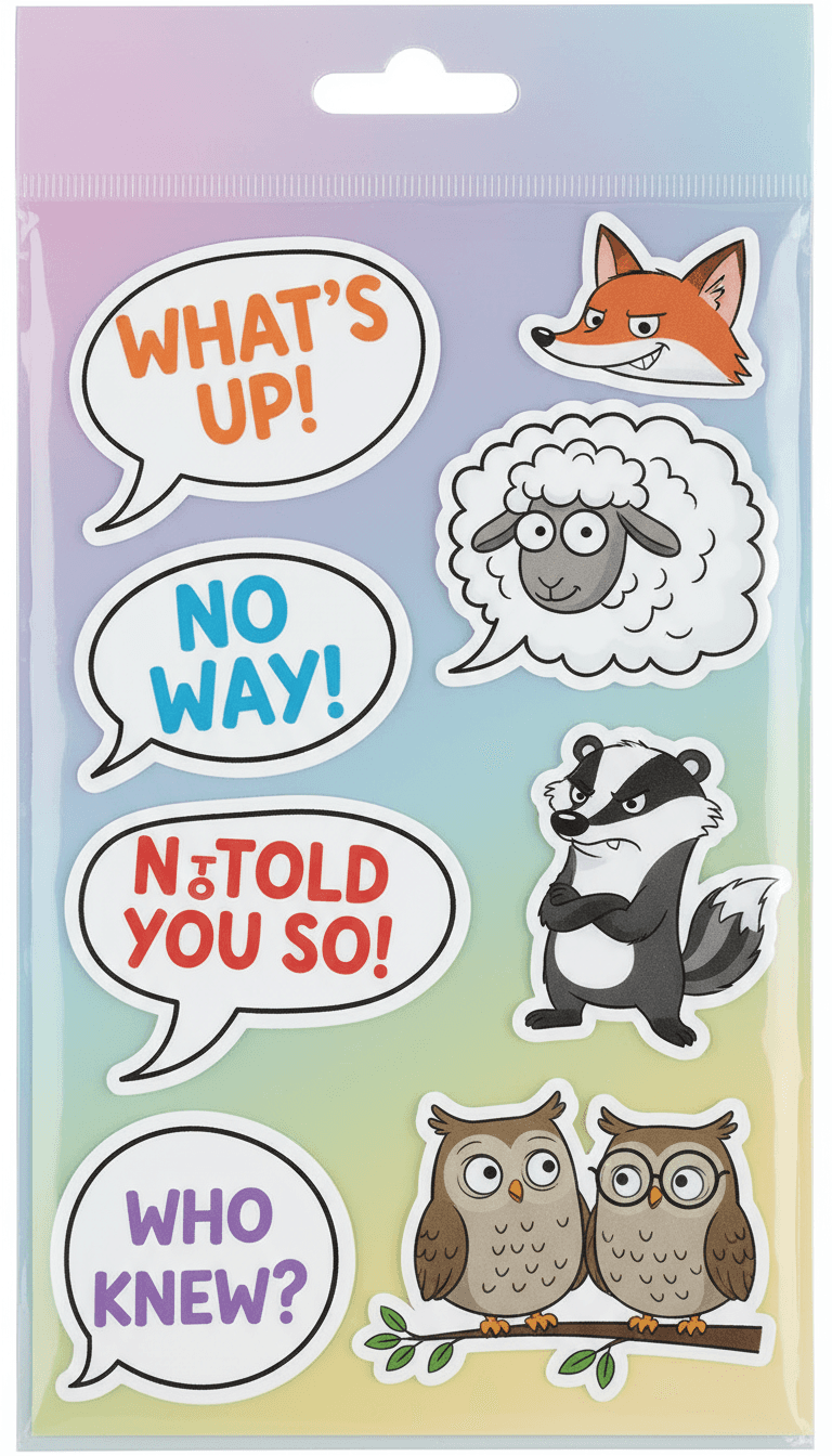 다이컷 모양, 두꺼운 흰색 테두리, 굵은 글꼴이 특징인 스티커 팩 스타일 말풍선 일러스트, 말하는 만화 동물 캐릭터.