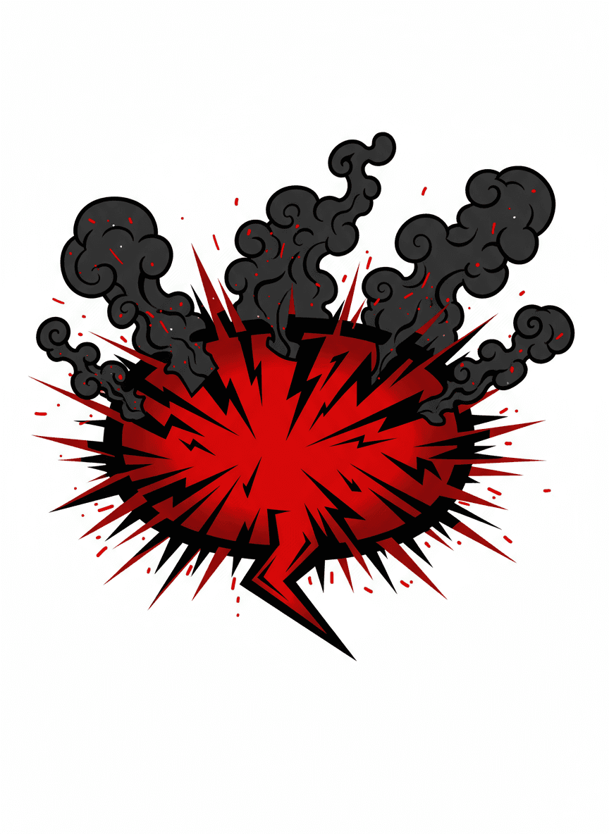 들쭉날쭉한 뾰족한 가장자리, 불타는 빨강과 검정색, 연기 효과가 특징인 화난 말풍선 일러스트, 공격적인 에너지를 표현한다.