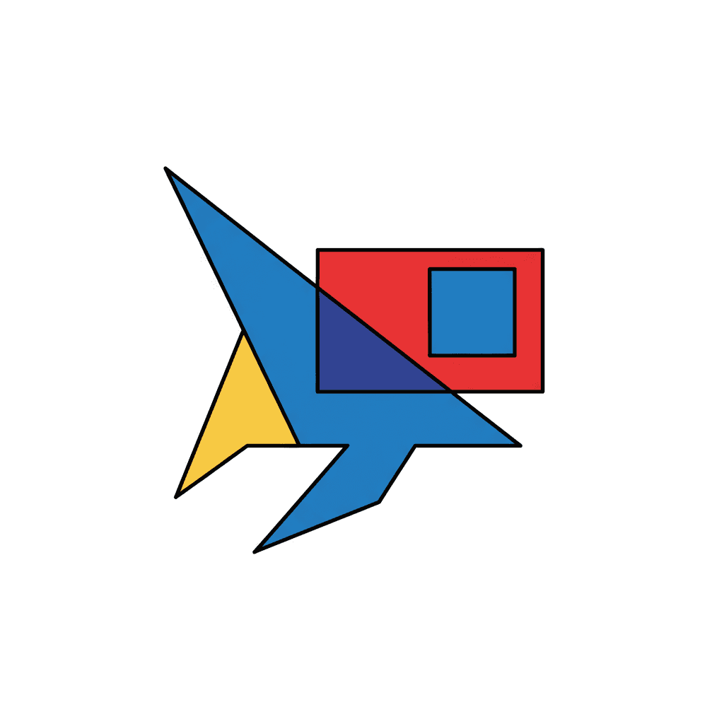 겹쳐진 원색 도형들로 이루어진 추상적인 기하학 말풍선 일러스트.