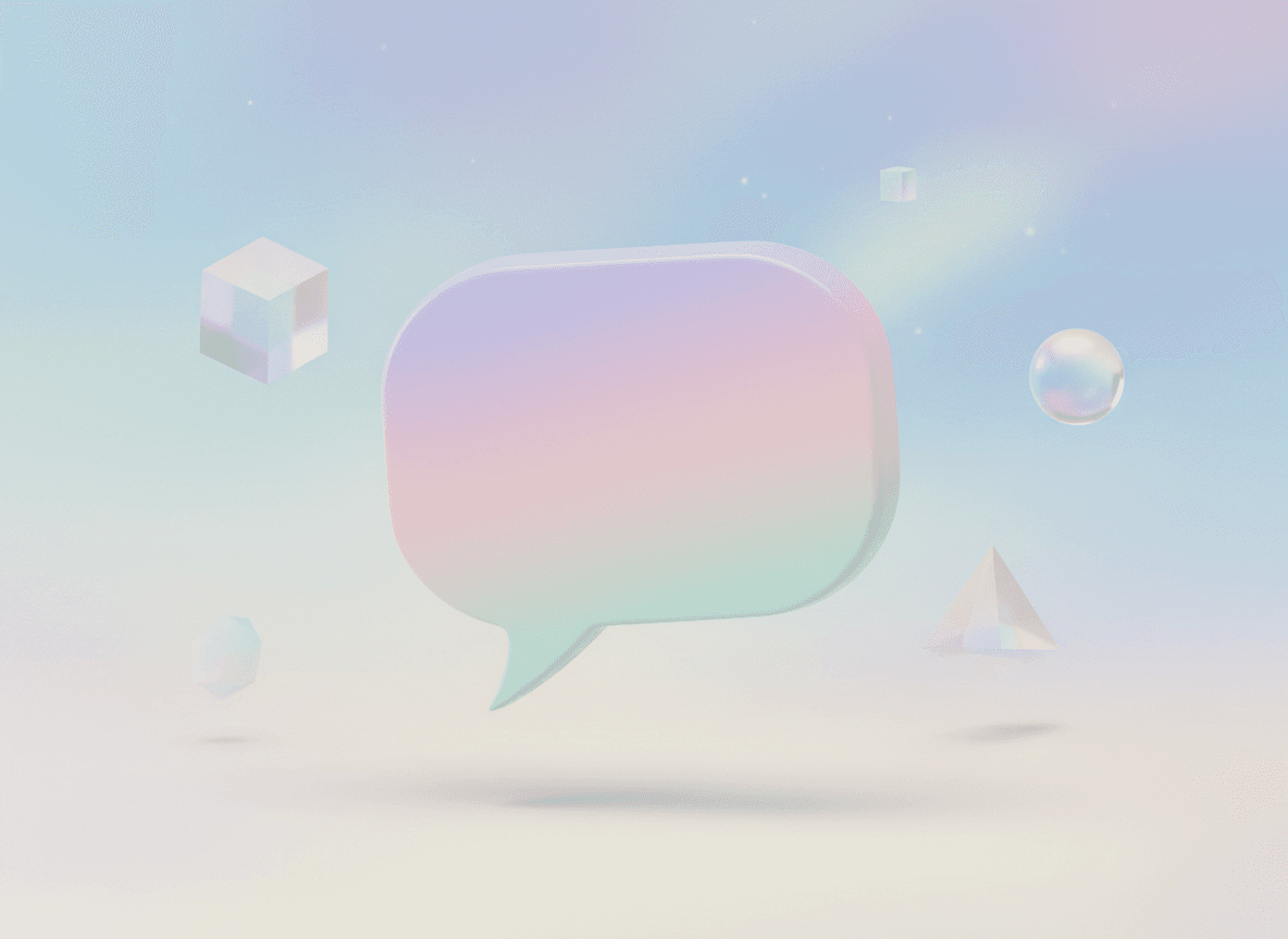 공중에 떠 있는 등각 투영 3D 말풍선 일러스트, 부드러운 그림자, 깔끔한 가장자리, 파스텔 그라데이션 색상, 미니멀한 환경.