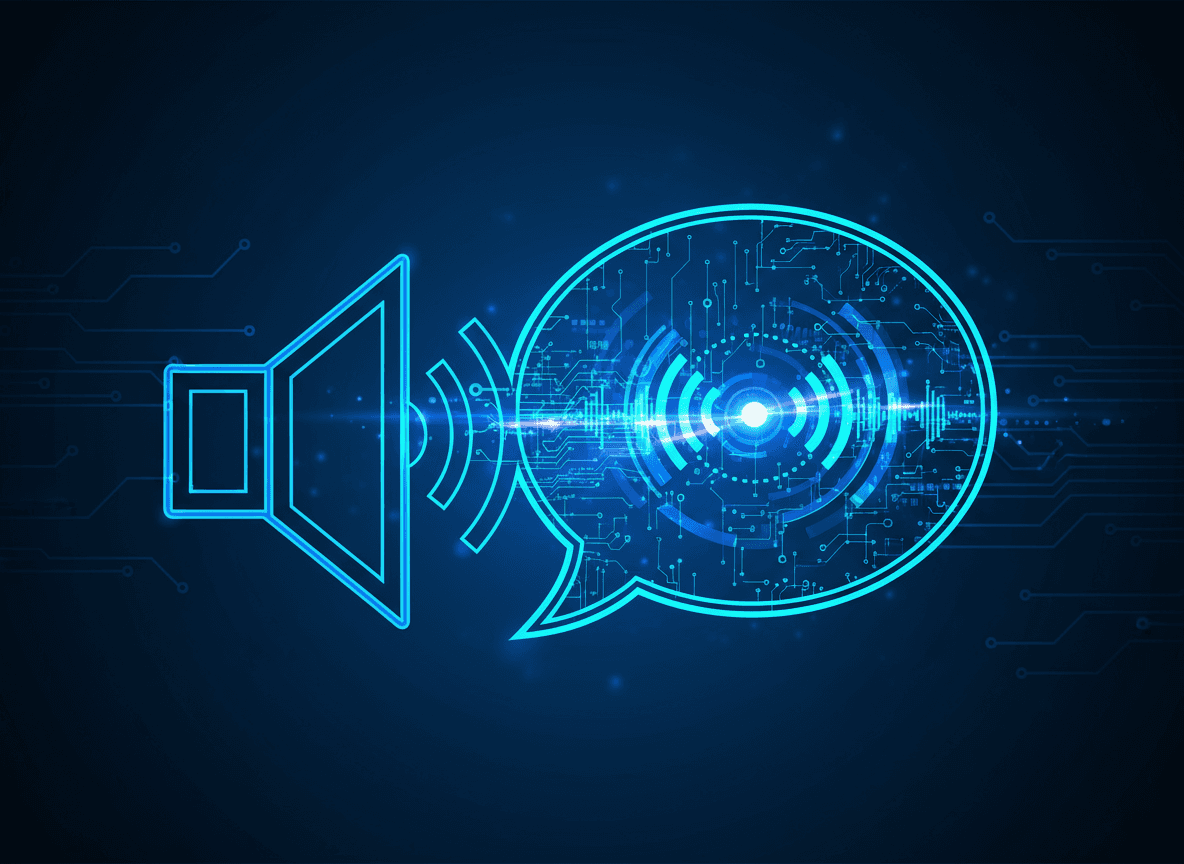 스피커 아이콘에서 나오는 기술 테마의 파란색 말풍선 일러스트.