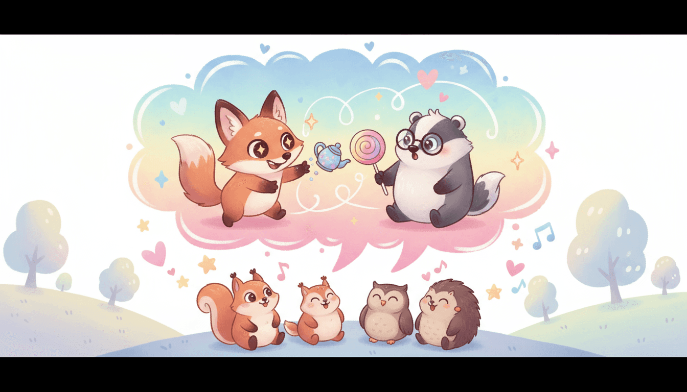 귀엽고 장난스러우며 과장된 형태에 부드러운 파스텔톤과 그라데이션이 있는 유쾌한 만화 말풍선 일러스트, 캐릭터 상호작용을 나타낸다.