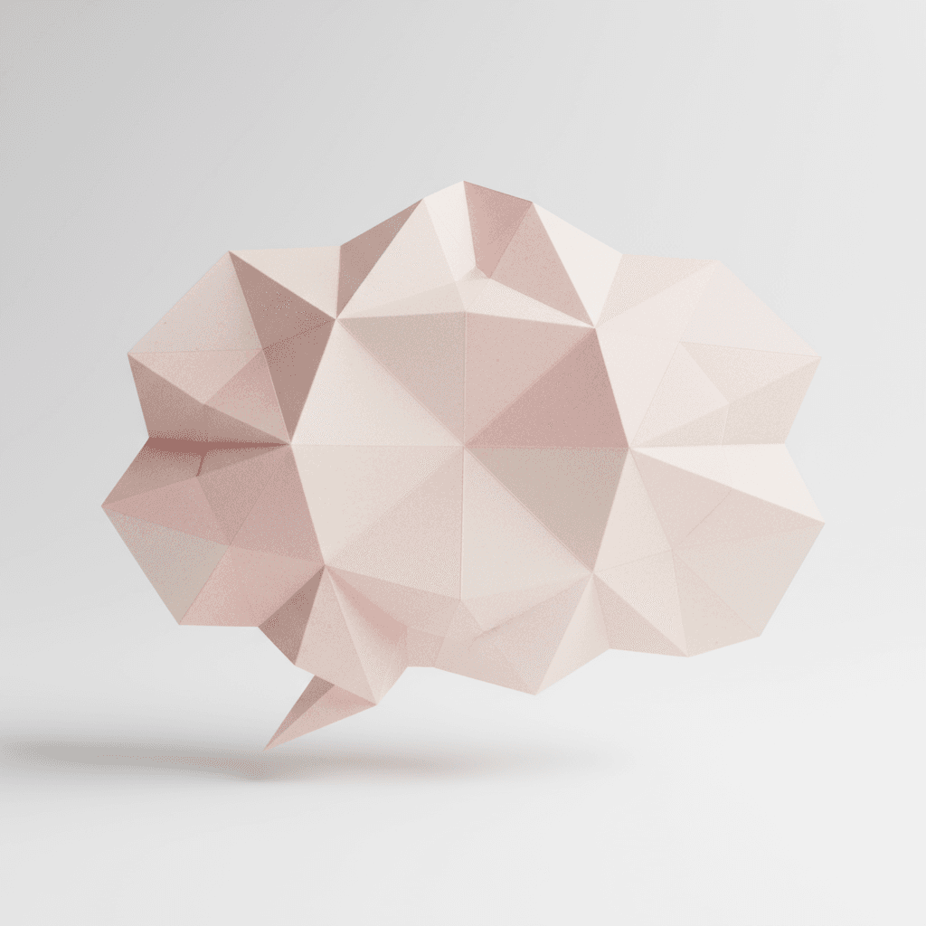 접힌 종이 질감, 선명한 기하학적 접힘, 파스텔 핑크와 크림색이 특징인 종이접기 말풍선 일러스트, 3D 렌더링.