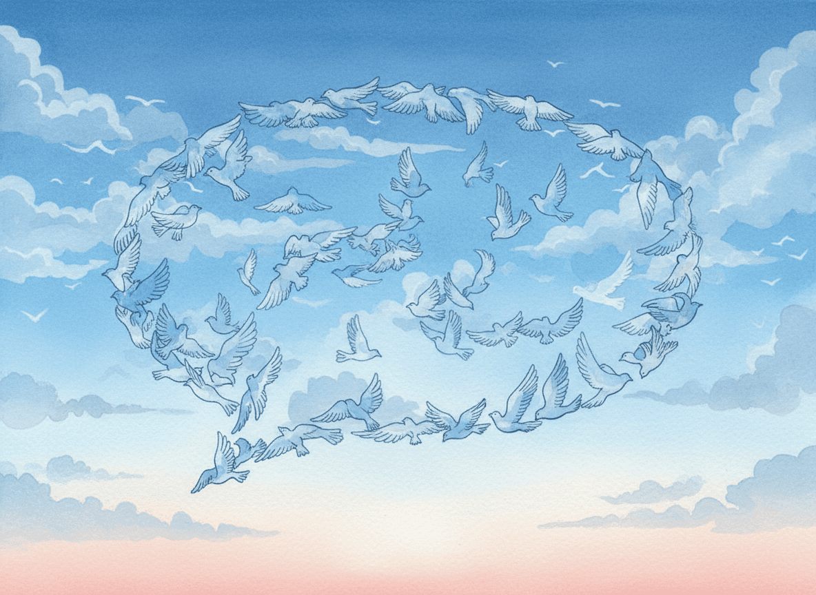 고요한 하늘색으로 새떼가 모여 형성된 독특한 말풍선 일러스트.