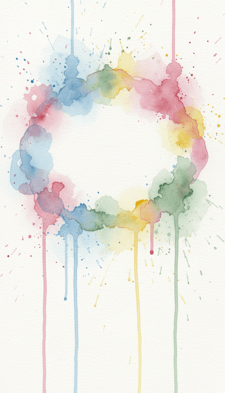 부드러운 워시 컬러, 유려한 가장자리, 물감 튀김과 흘러내림이 특징인 수채화 말풍선 일러스트, 예술적이고 몽환적인 느낌.