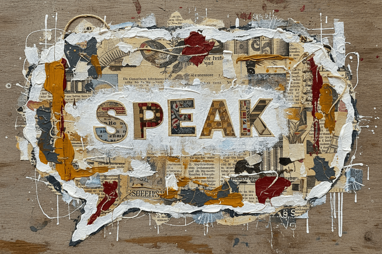 찢어진 종이, 신문 스크랩, 빈티지 일러스트 조각 등 다양한 혼합 매체 질감으로 만들어진 콜라주 아트 말풍선 일러스트, 질감 있고 예술적인 느낌.