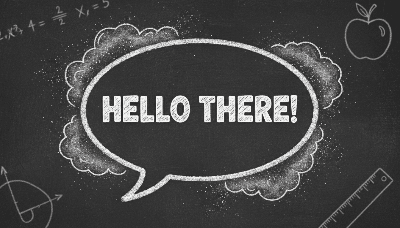 어두운 칠판 배경에 흰색 분필 질감으로 손으로 그린 칠판 스타일 말풍선 일러스트, 먼지 많고 교육적인 느낌을 준다.