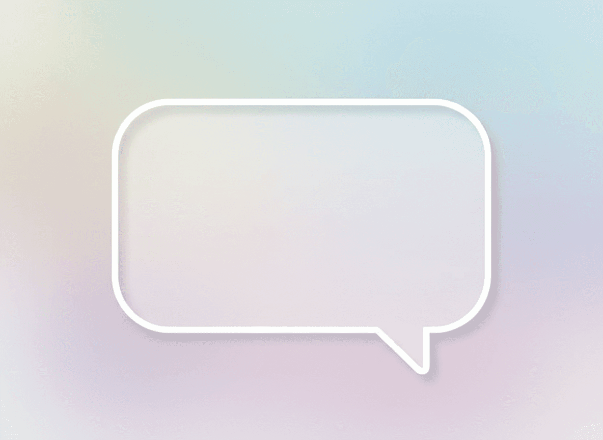 깨끗한 선과 오른쪽 하단 모서리에서 나오는 작은 뾰족한 꼬리가 있는 간단하고 부드러운 흰색 둥근 사각형 말풍선.