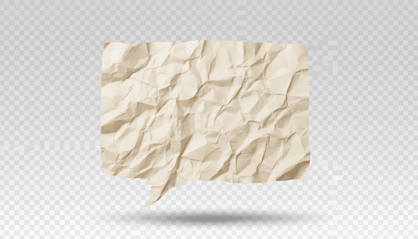 으깬 종이 질감의 현실적인 말풍선, 미색, 섬세한 그림자, 투명한 배경.