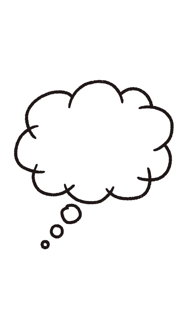 손으로 그린 구름 모양의 생각 말풍선, 검은색 마커 테두리, 투명 PNG.