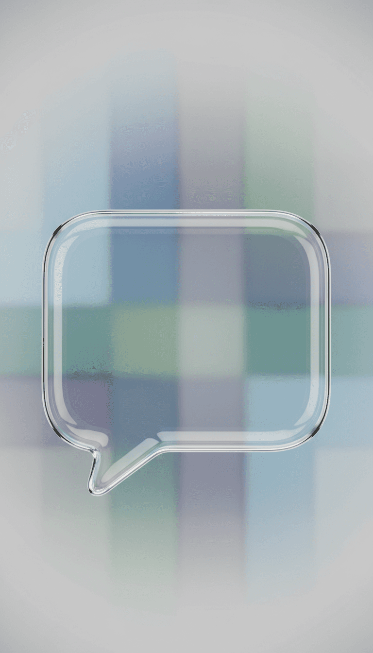 미묘한 굴절과 광택 마감이 돋보이는 투명한 유리 효과 말풍선이 투명한 배경 위에 있다.