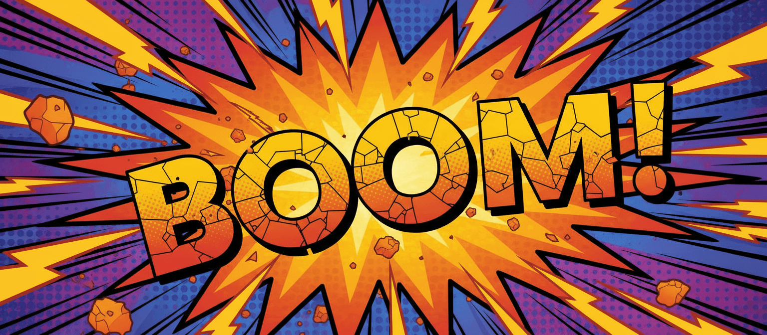 별 모양의 폭발적인 'BOOM!' 말풍선, 생생한 주황색과 노란색, 액션 만화 스타일.