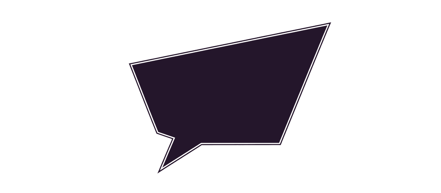 날카로운 모서리를 가진 현대적인 기하학적 말풍선, 짙은 보라색과 흰색 윤곽선, 투명한 배경.