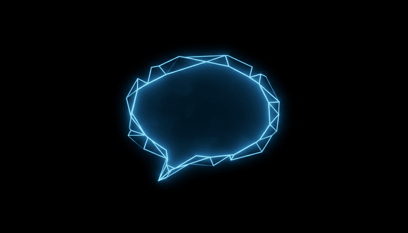 빛나는 파란색 네온 선과 각진 디자인의 공상 과학 미래형 말풍선, 대비되는 어두운 배경.