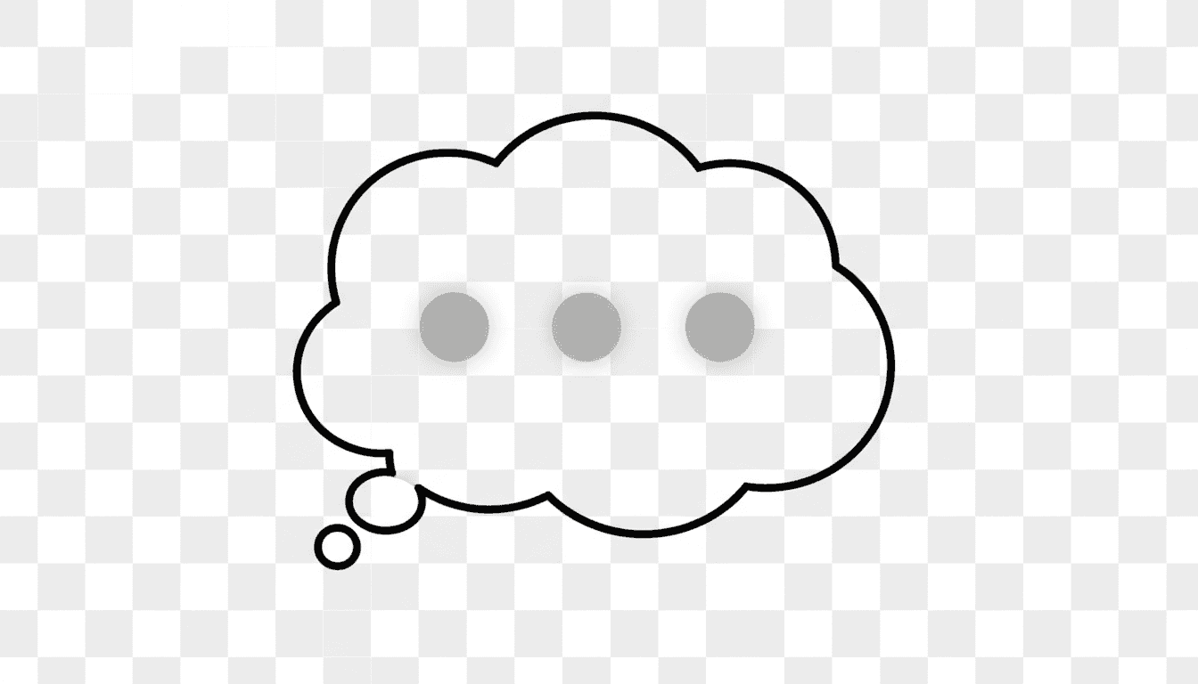 세 개의 움직이는 점(...)이 안에 있는 간단한 회색 말풍선, 입력 중 또는 생각 중임을 나타냄, 투명한 배경.