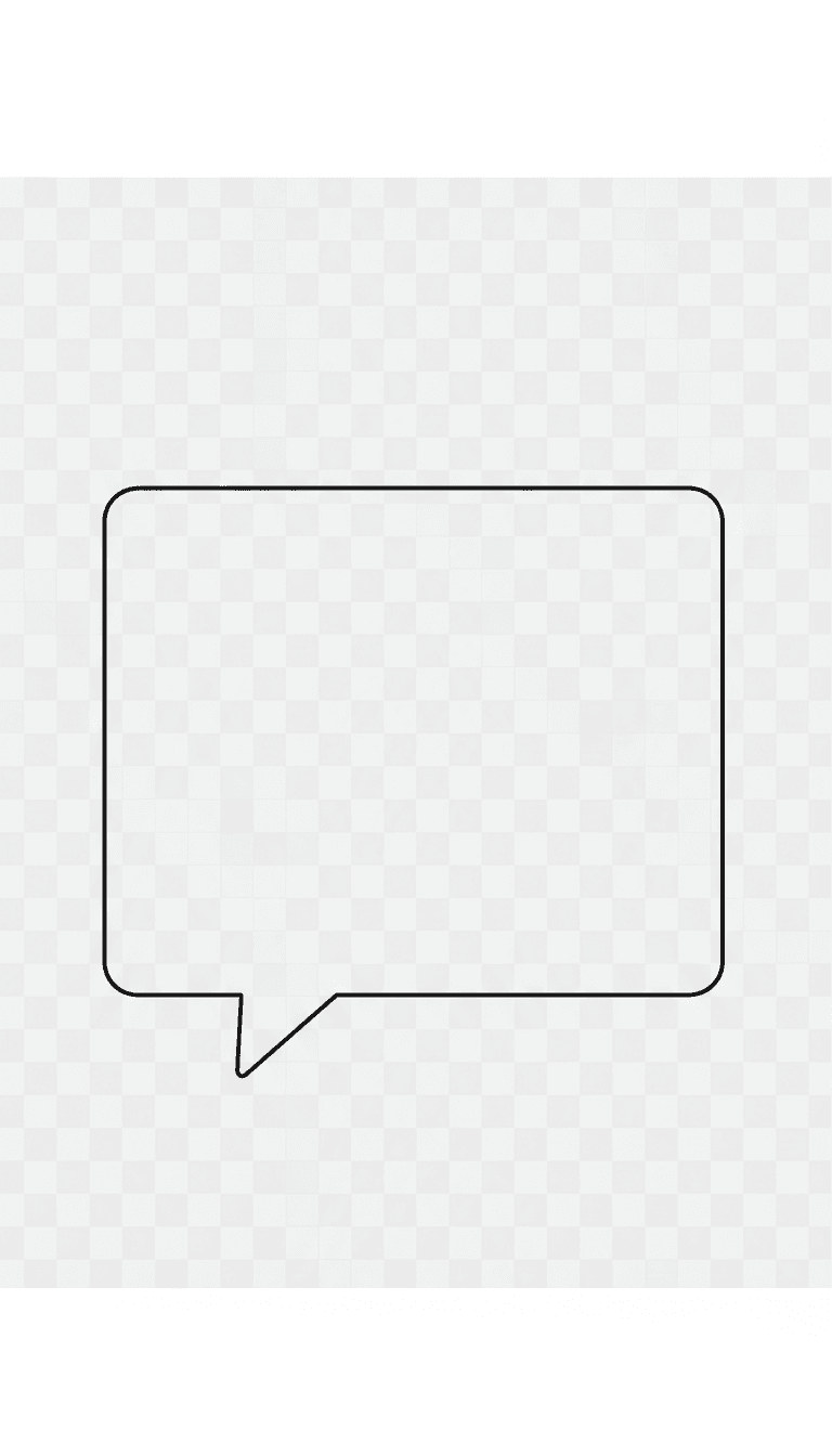 날카로운 모서리와 얇은 검은색 윤곽선을 가진 미니멀리스트 사각형 말풍선으로, 투명한 배경에 평범하고 비어 있다.