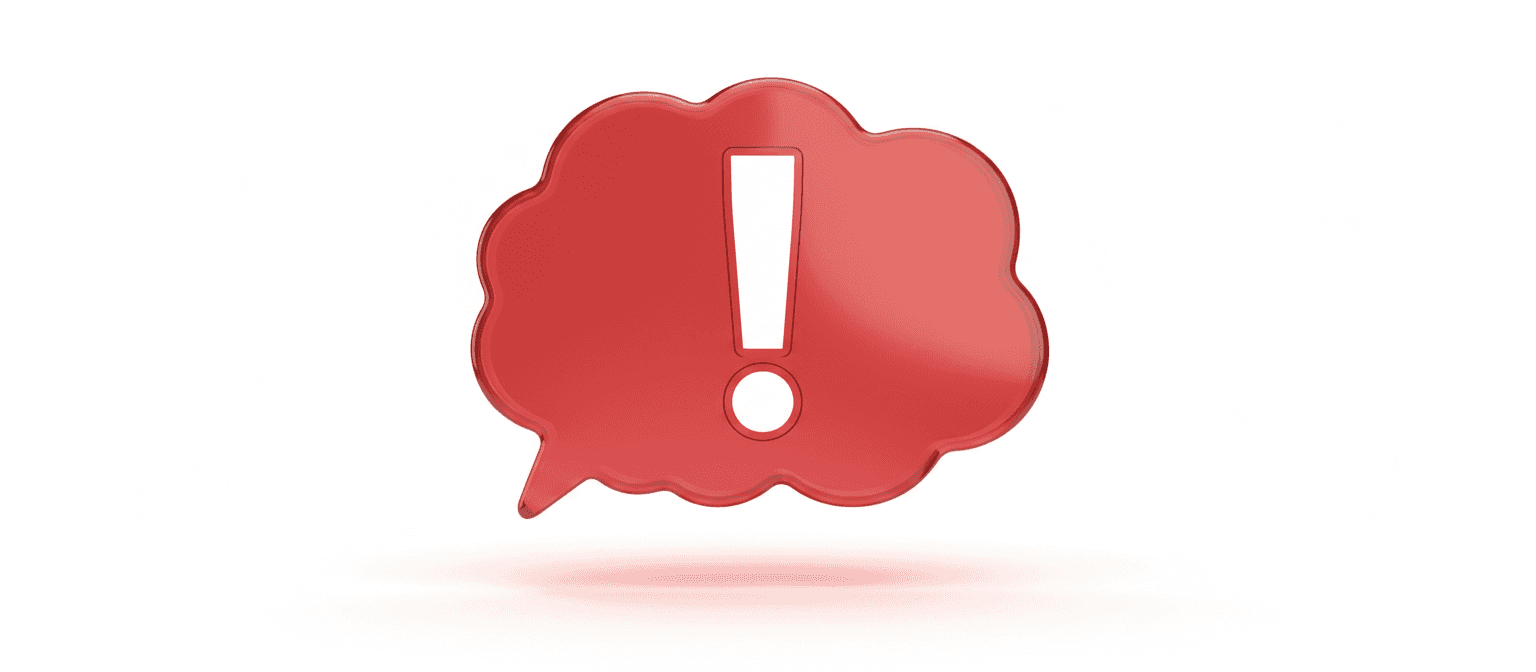투명하고 생생한 빨간색 말풍선 안에 흰색 느낌표가 있어 흥분이나 경고를 상징한다.