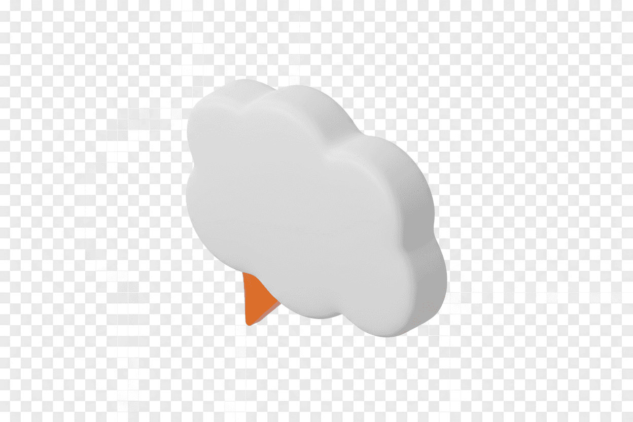 주황색 꼬리가 있는 3D 렌더링된 무광 흰색 플라스틱 말풍선, 등각 투영, 투명한 배경.