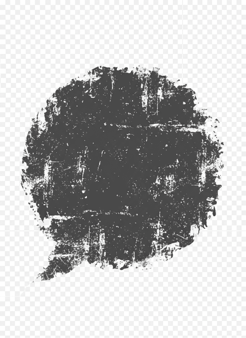 그란지 스타일의 원형 말풍선, 거친 질감, 짙은 회색, 투명한 배경.