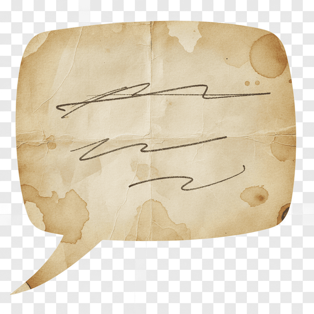 빛바랜 세피아 톤의 빈티지한 낡은 종이 질감 말풍선, 오래된 신문 스타일, 투명한 배경.