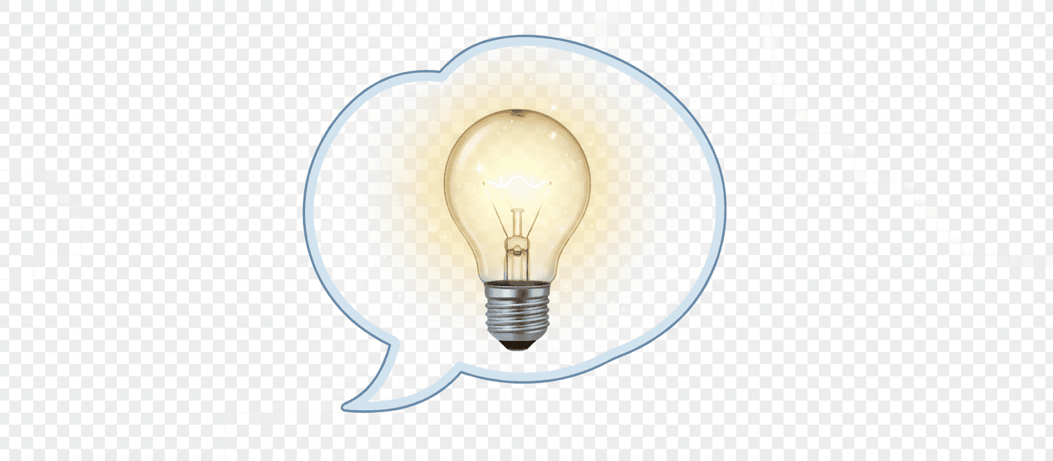 투명한 배경에 생각 말풍선 모양 안에 빛나는 노란색 전구가 있는 아이디어 말풍선.