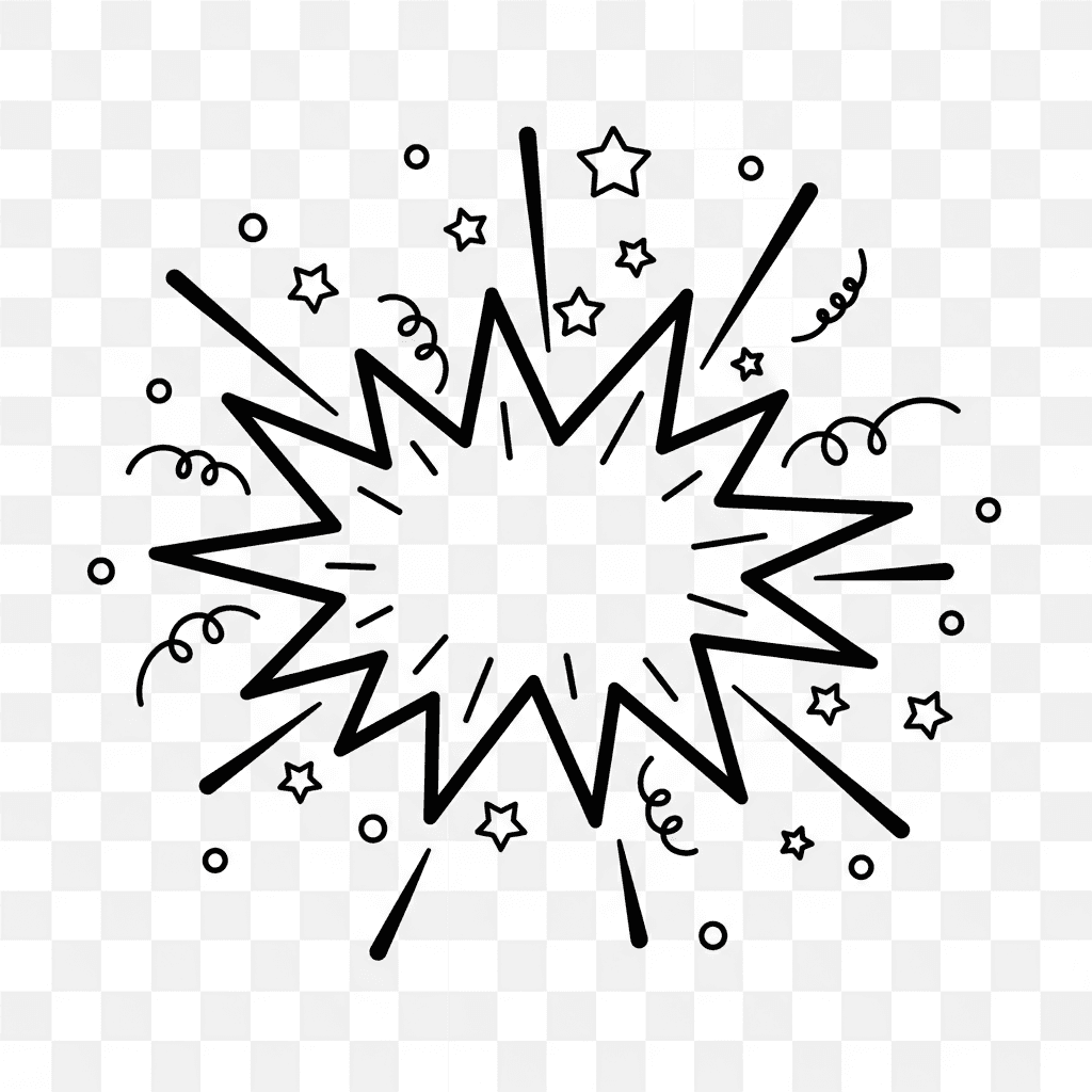 작은 별과 색종이 조각으로 폭발하는 말풍선 윤곽선으로, 장난기 많고 축제 분위기를 표현하며 투명한 배경 위에 있다.
