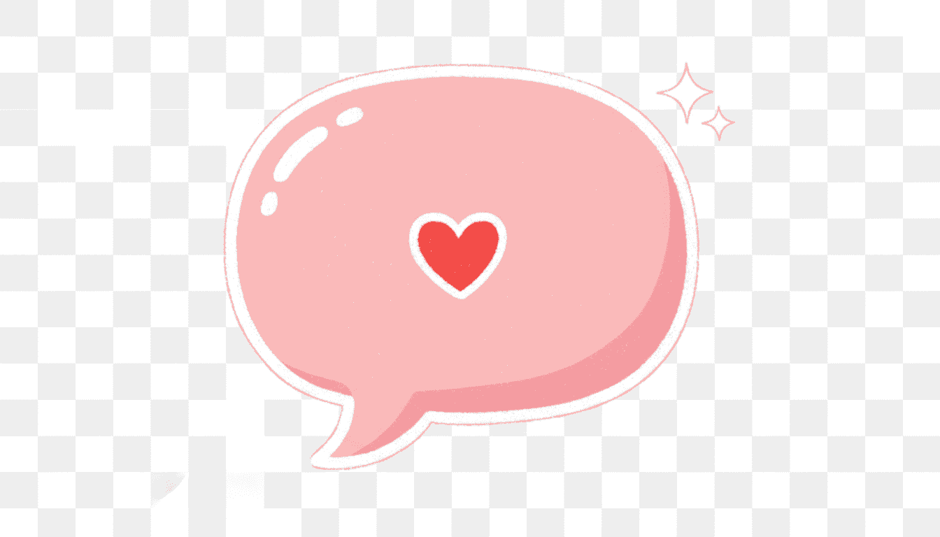 작은 빨간 하트 아이콘이 있는 귀여운 카와이 스타일 연분홍 말풍선, 투명한 배경.