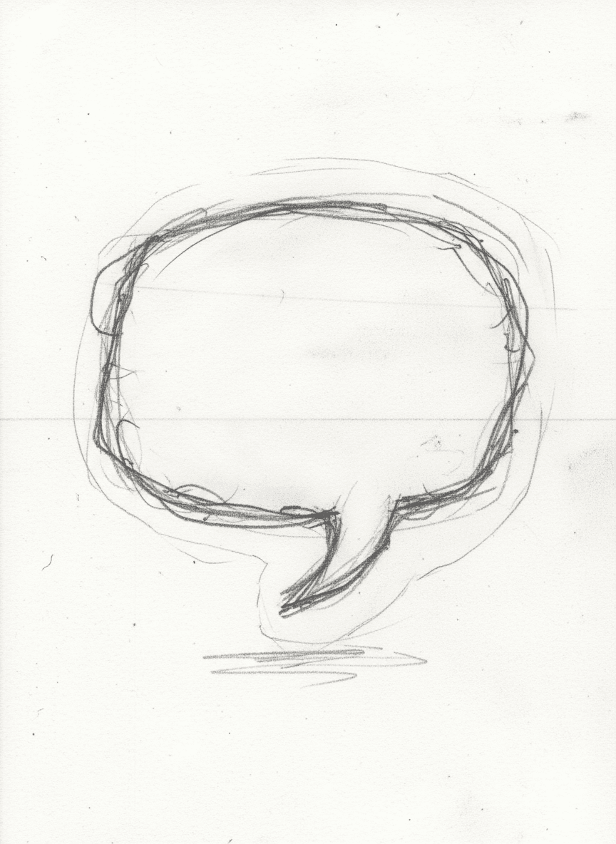 약간 고르지 않은 선과 투명한 배경을 가진 연필 스케치 스타일의 거친 손그림 말풍선.