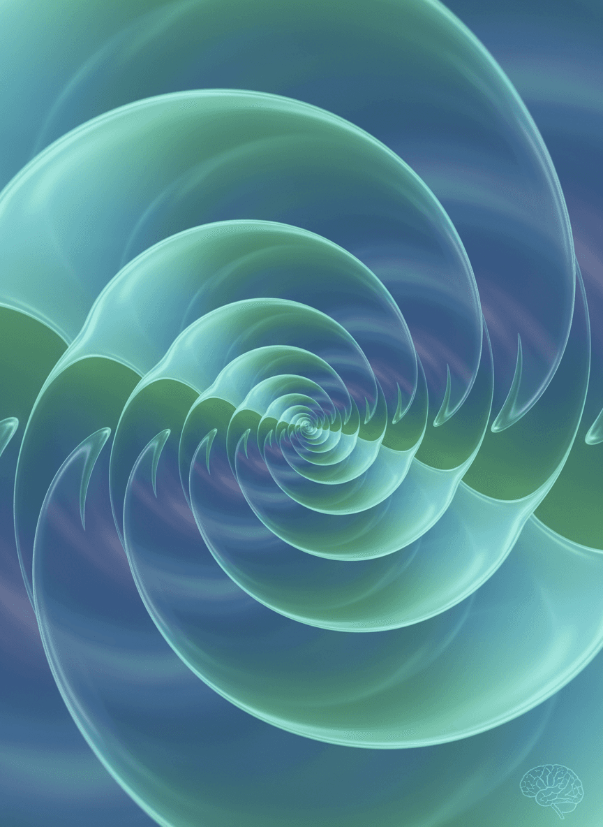 복잡하게 중첩된 말풍선, 크기가 줄어드는 여러 겹의 말풍선, 투명한 파란색에서 녹색으로 그라데이션, 깊은 생각을 전달합니다.