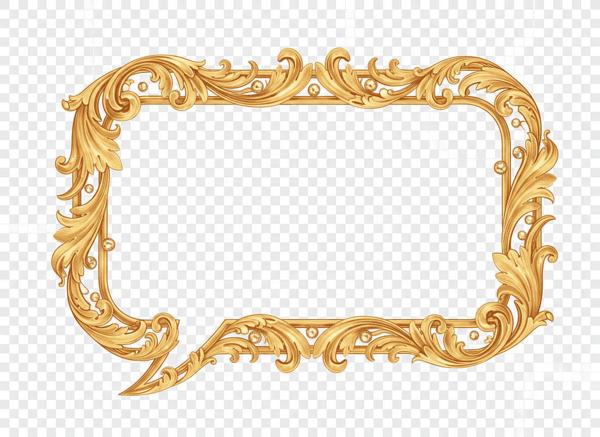 복잡한 장식 무늬가 있는 우아한 황금색 테두리 말풍선, 투명한 배경.