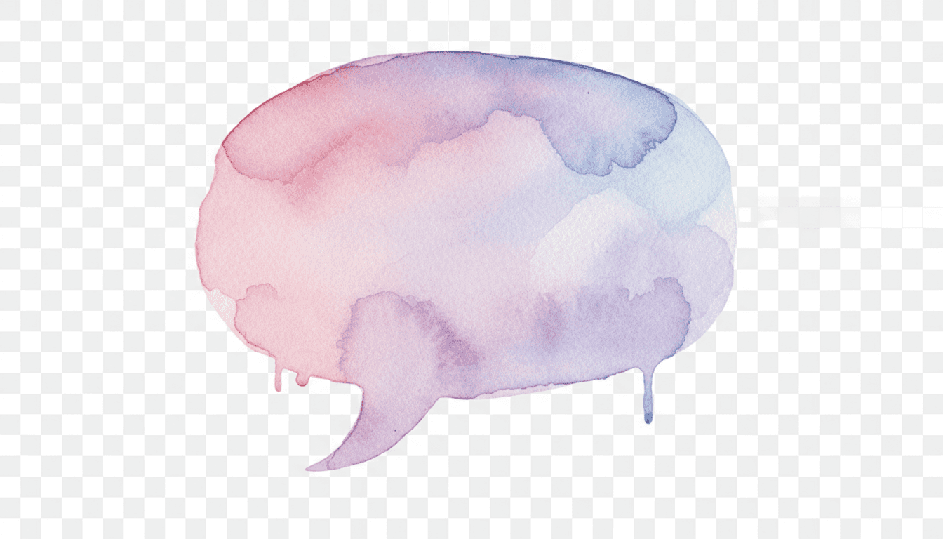 부드러운 분홍색과 보라색 파스텔 톤의 수채화 말풍선, 예술적인 붓터치, 투명한 배경.