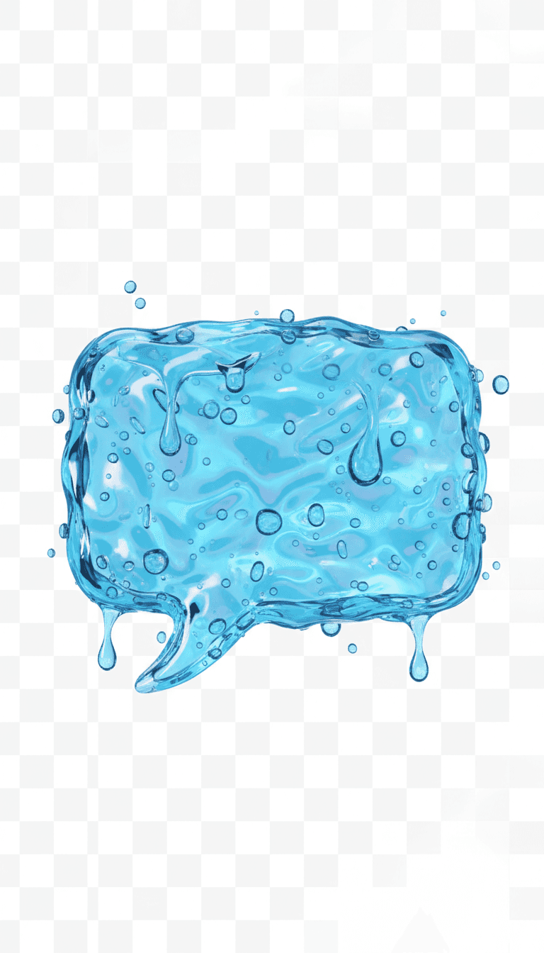 윤기 있고 반짝이는 액체 말풍선, 물방울 효과가 있는 투명한 파란색, 사실적인 3D 렌더링.