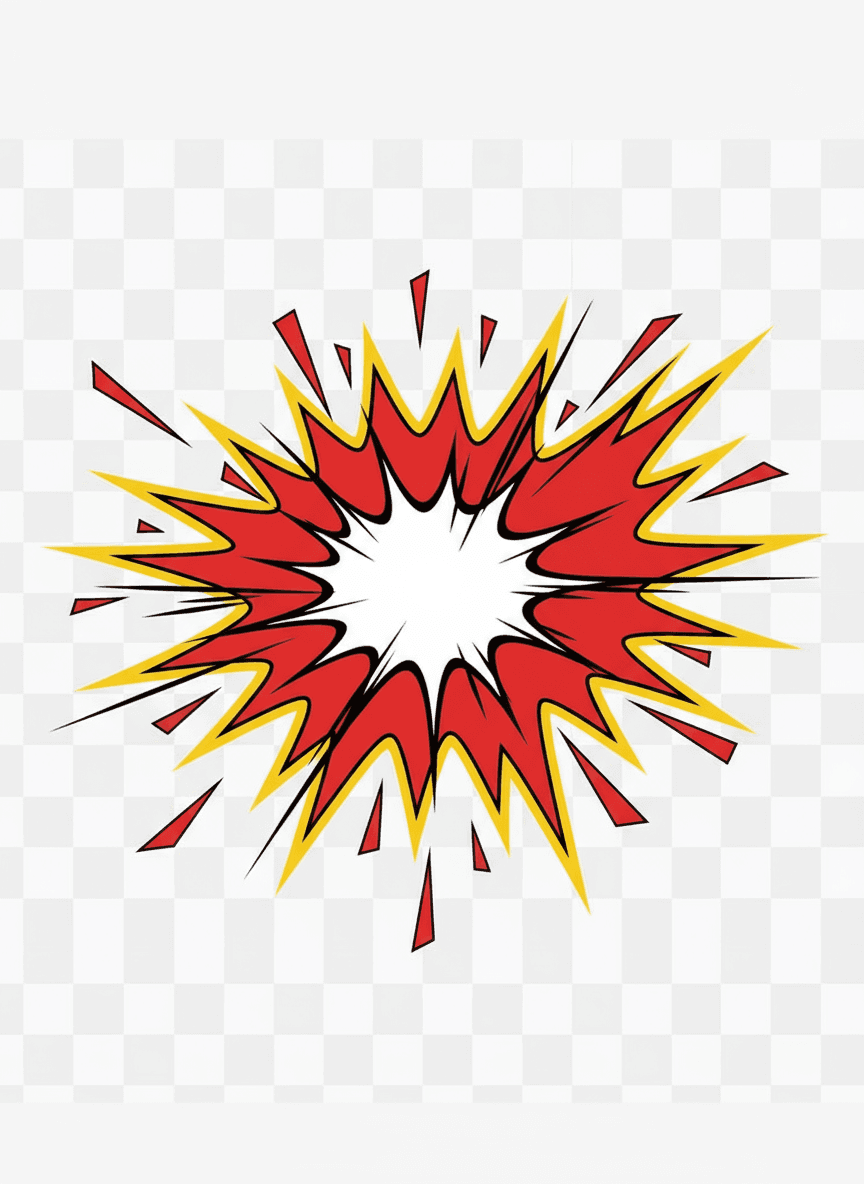 노란색 테두리가 있는 역동적인 빨간색 뾰족한 말풍선, 만화 스타일, 투명한 배경.