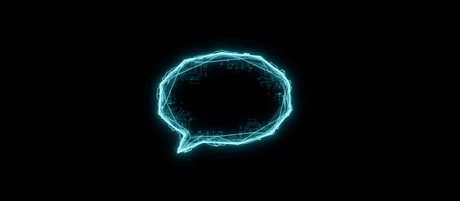 투명한 배경에 밝은 청록색 네온 빛 테두리를 가진 미래적인 말풍선으로, 비어 있고 기술적인 영감을 받았다.