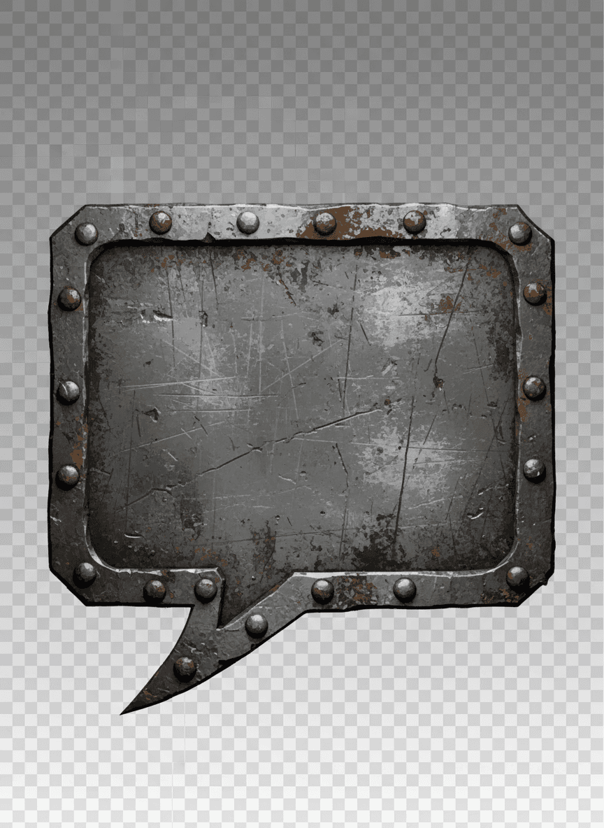 낡은 모습을 주는 거칠고 산업적인 말풍선, 거친 질감, 짙은 금속 회색, 리벳 디테일.