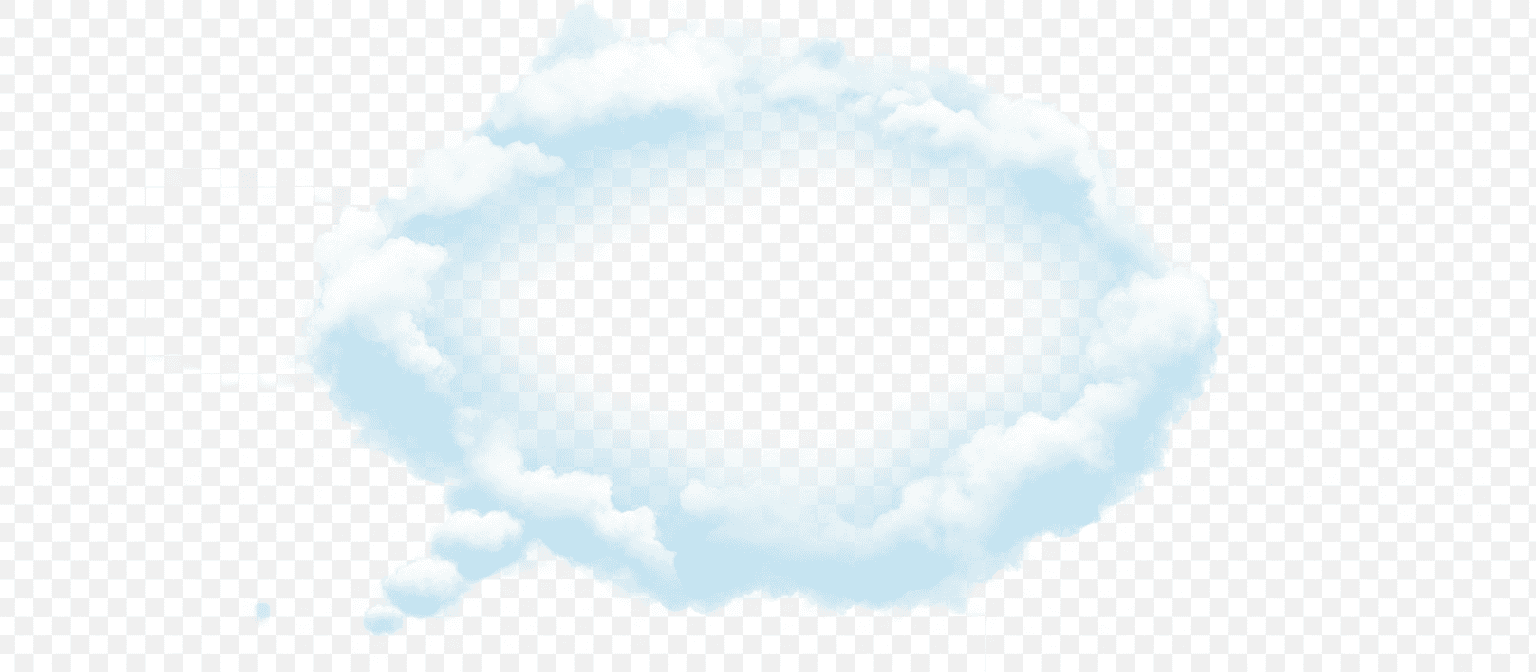 미묘한 푸른빛을 띠는 부드럽고 구름 같은 생각 말풍선이 투명한 배경 위에 떠 있다.