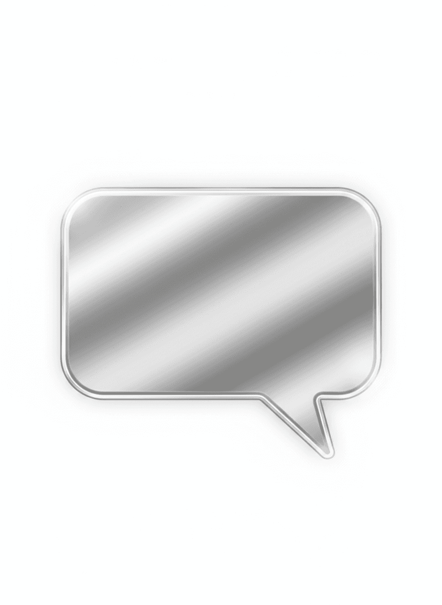 고급스러운 금속성 광택 은색 말풍선, 약간 둥근 직사각형 모양, 투명한 배경.