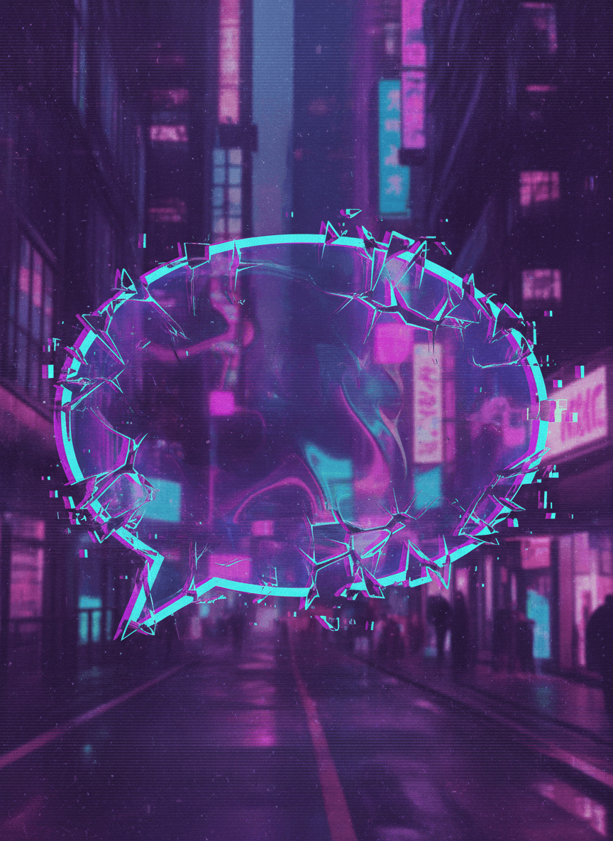 디지털 오류 효과가 있는 왜곡된 글리치 말풍선, 보라색과 시안색 색상 변화, 파편화된 가장자리, 사이버펑크 스타일.