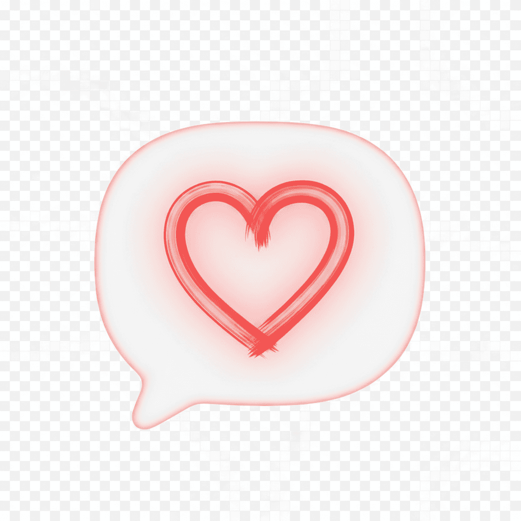 사랑이나 애정을 상징하는 양식화된 빨간색 하트 아이콘이 들어있는 사랑스러운 말풍선이 투명한 배경 위에 있다.