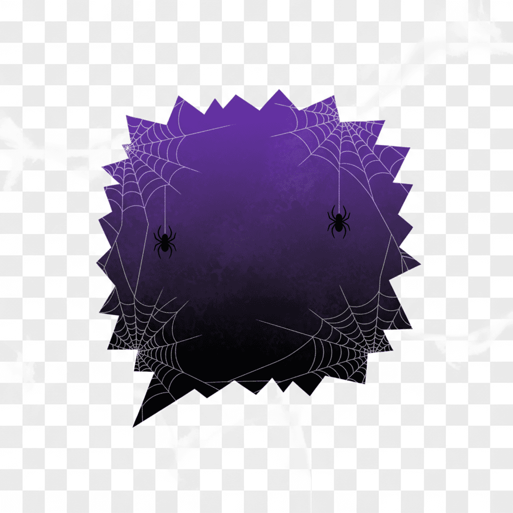 톱니 모양의 가장자리, 으스스한 보라색과 검은색 그라데이션, 거미줄 디테일이 있는 할로윈 테마 말풍선, 투명한 배경.