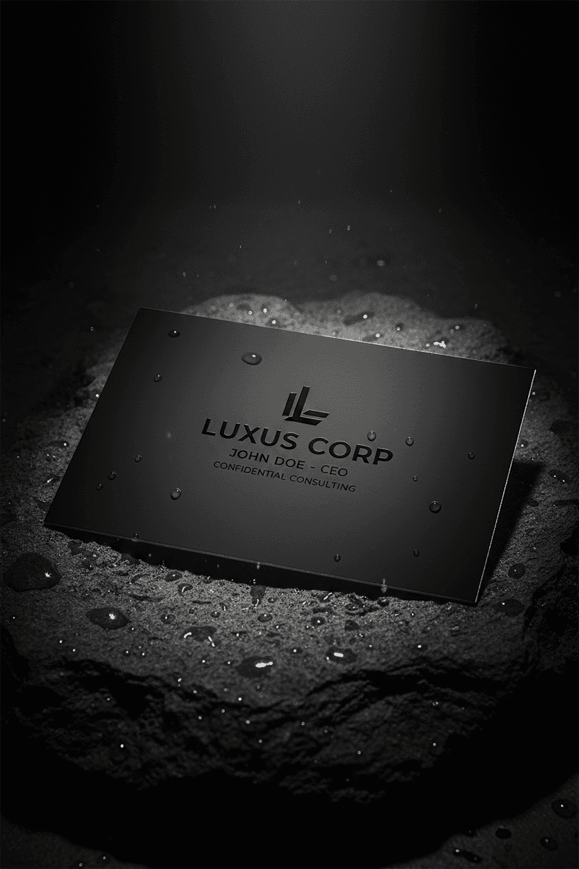 드라마틱한 조명 아래 숯불 표면에 놓인 어둡고 분위기 있는 검은색 명함 목업.