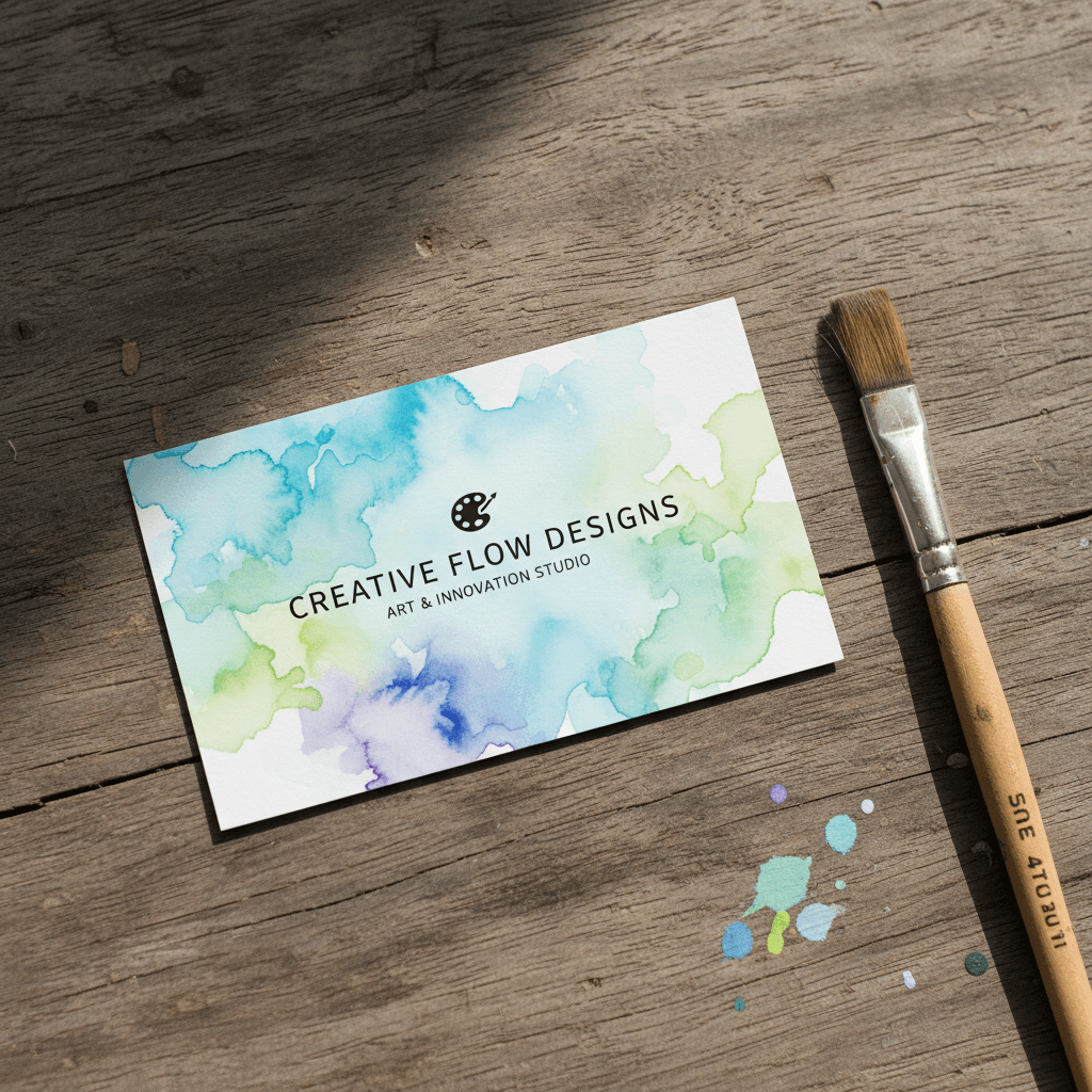 수채화 추상 배경을 가진 창의적인 명함 목업이 소박한 나무 테이블 위에 놓여 있는 모습.