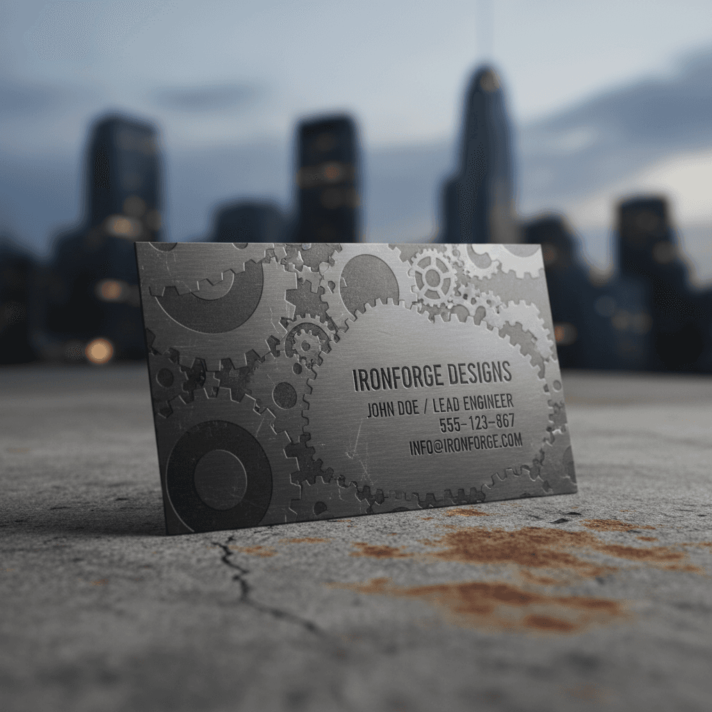 금속 마감의 산업 테마 명함 목업이 풍화된 콘크리트 표면에 놓여 있고, 도시 스카이라인이 배경에 있는 모습.