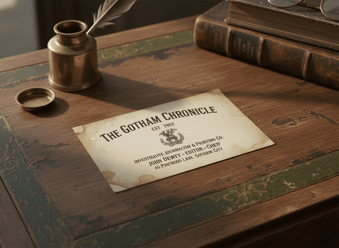 오래된 나무 표면에 놓인, 오래된 종이 질감과 고전적인 타이포그래피의 빈티지 명함 목업.