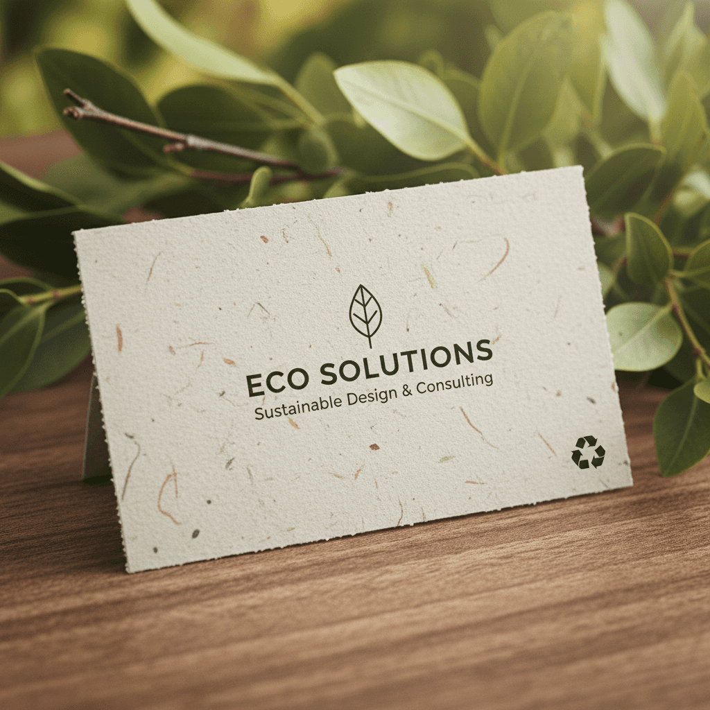 재활용 종이로 만든 친환경 명함 목업, 초록 잎과 자연 나무 배경, 근접 촬영.