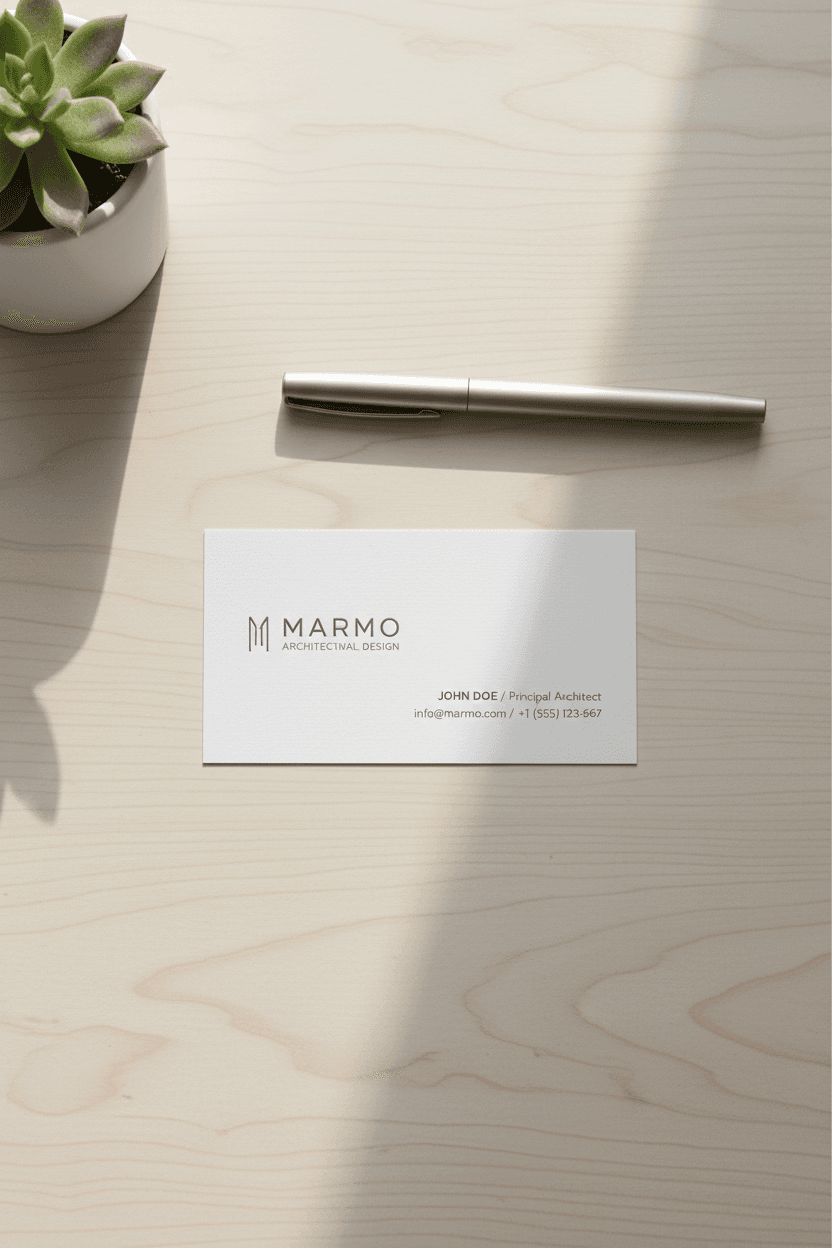 깔끔한 나무 책상 위에 놓인 가로형 미니멀리스트 명함 목업, 부드러운 그림자.