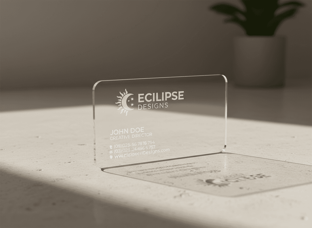 투명 플라스틱으로 만든 투명 명함 목업, 밝은 표면에 그림자를 드리우고 측면 조명으로 투명성을 강조.
